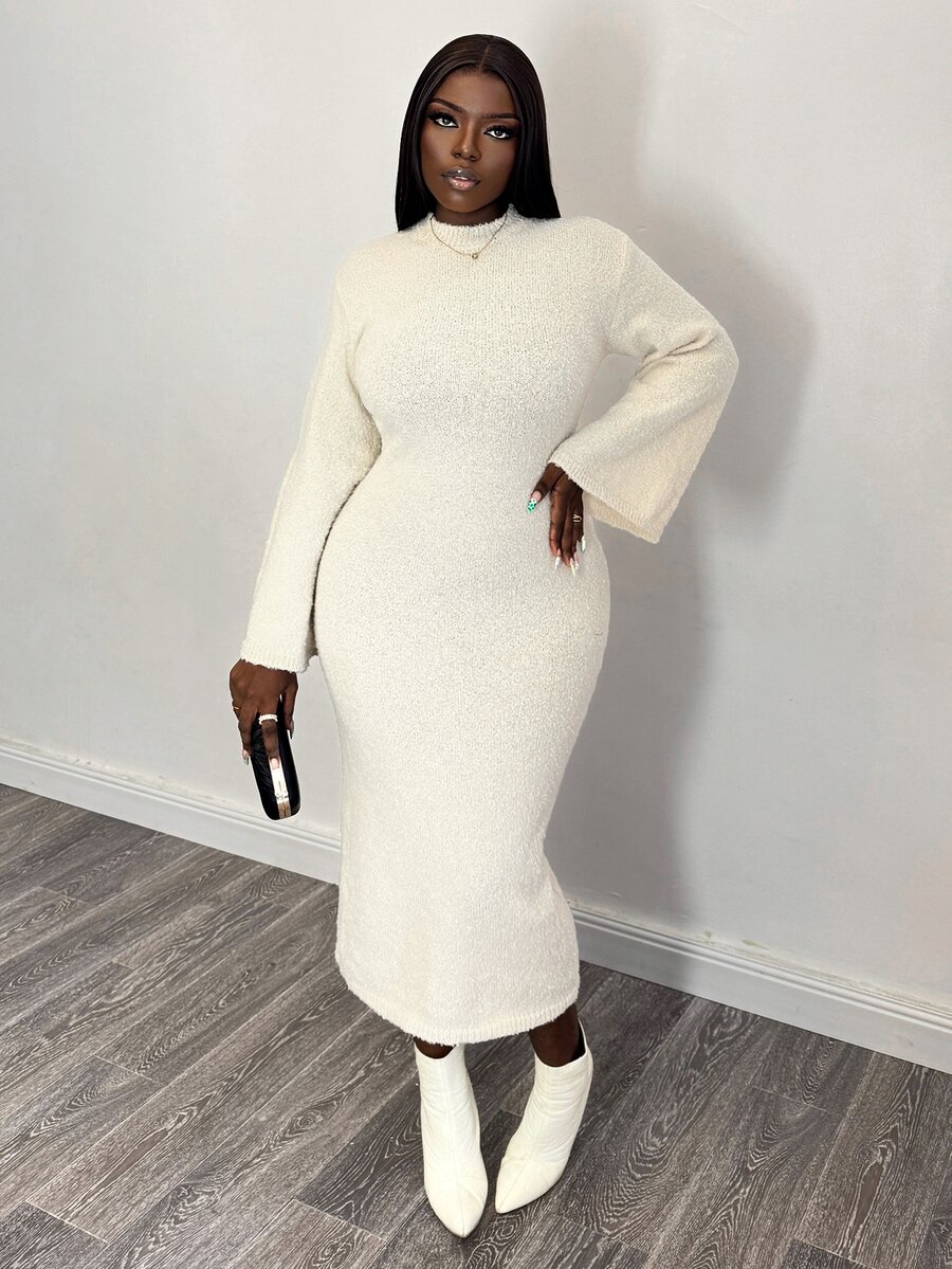 Penseblé Women's Round Neck Bell Sleeve Solid Color Sweater Dress - Apricot - View 1