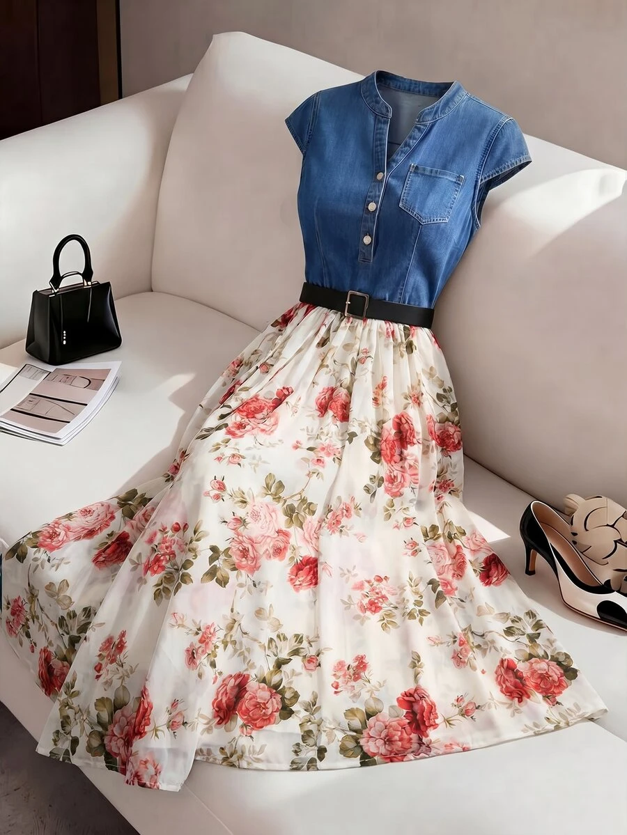 GlowEve CURVE Plus Size Floral Print Patchwork Denim Dress - Blue - View 1