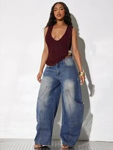 Denimoi Scoop Neck Low Armhole Fashion Top Solid Color Sexy Top With Hardware Detail Clubwear Concert - Burgundy - View 3