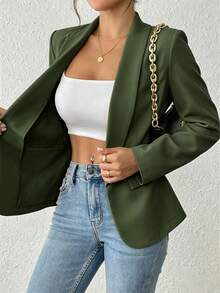 SHEIN PETITE 女款優雅長袖西裝外套，適合辦公與通勤 - 墨綠色 - 查看 6