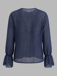 Women's French Elegant Lace Patchwork Top For Date And Vacation - Navy Blue - View 2
