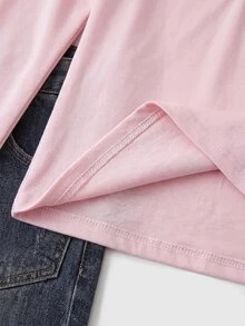 SHEIN Tween女孩條紋抓皺胸前長袖蕾絲飾邊上衣 - 粉色 - 查看 8