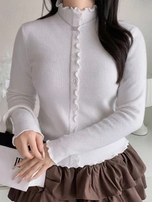 Dazy Plus Slim Fit Elegant Patchwork Mock Neck White Autumn/Winter Korean Style Pullover Sweater - White - View 6