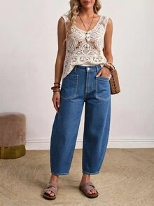 EMERY ROSE Plus Size Women's Casual Daily Denim Jeans With Pockets And Buttons - Blue - View 4