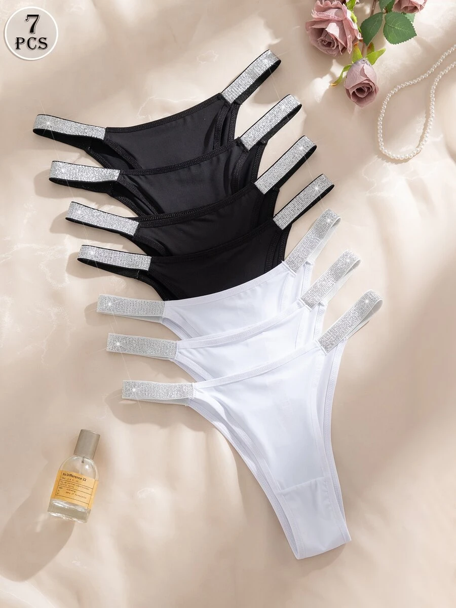 SHEIN 銀色腰帶舒適性感女款三角內褲 7件組 - 黑與白 - 查看 1