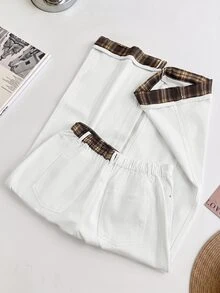 GlowEve CURVE Plus Size Fashion Plaid Patchwork Button Pocket Denim Jeans - White - View 3