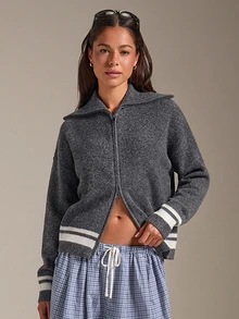 Athîral Soft Knit Contrast Stripe Wide Collar Long Sleeve Gray Loose Casual Preppy Zip-Up Cardigan For Women,Fall Winter,Back To School, Daily,Going Out - Grey - View 4