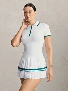 Activina Women's Patchwork Striped Pleated Hem Short Sleeve Sports Dress With Shorts White And Green Set Color Block Athletic Tennis Golf Summer - White - View 3