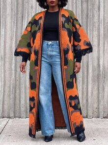 Slaydiva Plus Size Women's Knit Kimono, Camo Color Block Fringe Trim Long Plus Size Knit Wrap Coat Fall - Multicolor - View 5