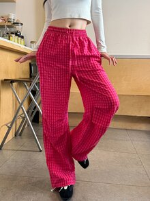 K-Vae Women's Loose Casual Tie Waist Plaid Long Pants In Rose Red - Hot Pink - View 4