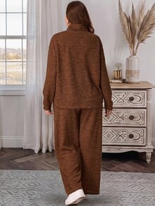 EMERY ROSE 2pcs Set Plus Size Women's Autumn/Winter Casual Country Vacation Brown T-Shirt And Pants 2 Pieces Set With Pockets,Fall, Loungewear,Modest Outfits - Brown - View 5