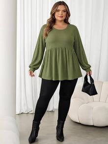 SHEIN CURVE+ Kaos Wanita Ukuran Besar Kasual dengan Detail Ribbed dan Rumbai di Bagian Bawah, Musim Gugur/Musim Dingin - Dark Green - View 7