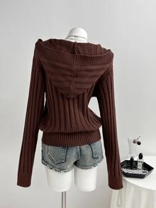 Elamini Women's Solid Color Casual Versatile Daily Wear Hooded Cardigan - Brown - View 2