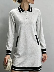 Louniche Women's Mini Long Sleeve Polo Collar Straight Dress - Grey - View 1
