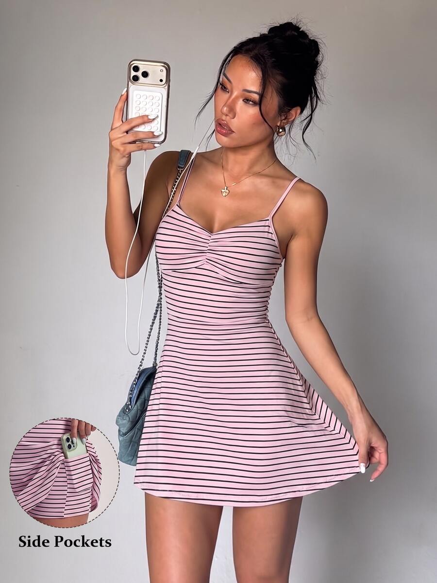StreetHx Women's All-Season Sports Dress, Dusty Pink Striped Print Pattern, Spaghetti Strap, Front Ruched, Shorts Lining Pockets, Sexy Cute, Holiday Summer - Multicolor - View 1