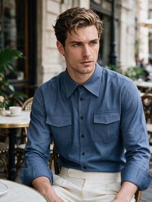 TONEVAULT Men's Solid Color Casual Versatile Daily Wear Shirt - Blue - View 6