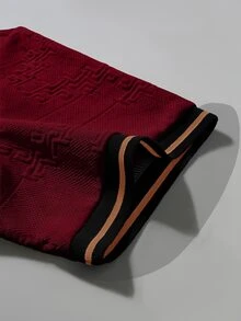 Manfinity Homme Men's Knitted Jacquard Solid Color Textured Collar And Cuffs Ribbed T-Shirt - Burgundy - View 8