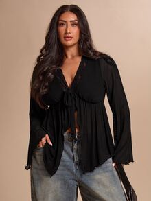 SHEIN BAE CURVE 大尺碼女款梅紫色喇叭袖網紗T恤，優雅上衣 - 黑色 - 查看 1