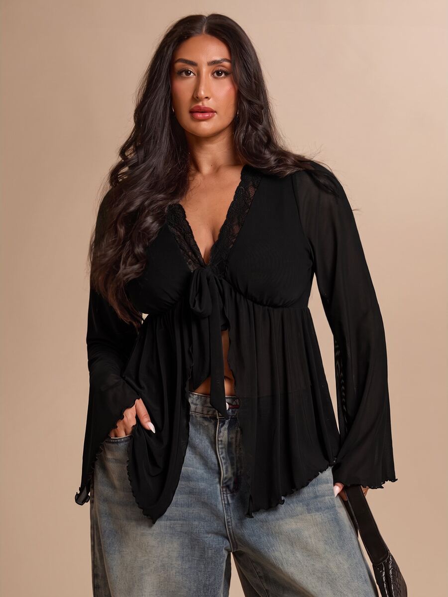 SHEIN BAE CURVE 大尺碼女款梅紫色喇叭袖網紗T恤,優雅上衣 - 黑色 - 查看 1
