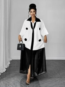 Maweii Gaun Longgar Motif Polkadot Warna Blok Ukuran Plus untuk Musim Gugur - Hitam dan Putih - View 2