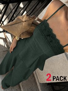 Siren Gaze 女款優雅刺繡百褶細肩帶背心與長褲兩件套 - 墨綠色 - 查看 5