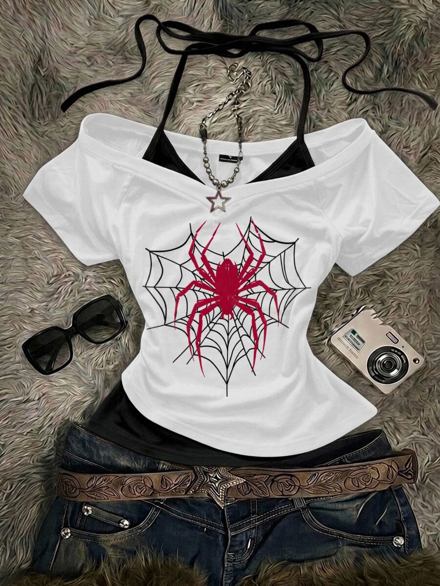 Attitoon Women's Casual Retro Colorblock 2 In 1 Spider Graphic V-Neck Halter Tie Short Sleeve T-Shirt, Suitable For Summer - White - View 1