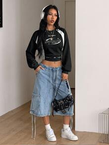 Coolane Women's Autumn Casual Colorblock Patchwork Letter Print Cropped Sweatshirt - White - View 7