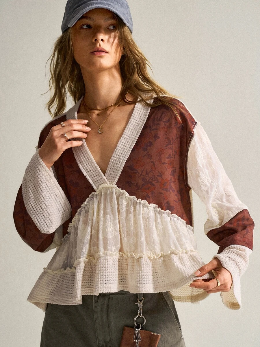 SHEIN Bohemian Style Colorblock Floral Pineapple Checkered V-Neck Long Sleeve Ruffle Hem Doll Blouse Top For Women - Apricot - View 1