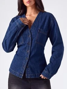 LYSMO Women's Casual Cinched Waist Denim Top, Autumn - Medium Wash - View 6