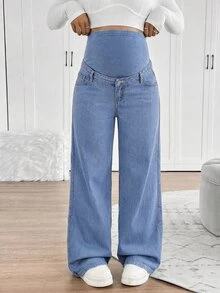 SHEIN 孕婦休閒水洗直筒牛仔褲 - 中等水洗藍 - 查看 6
