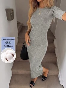 Easowa Women's Solid Color Casual Daily Summer Mid-Length Dress - Grey - View 2