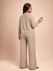 Brilight Ollared Wrap V Neck 2 Pieces Loungewear Set For Daily Brunch Vacation Casual Wear - Khaki - View 2