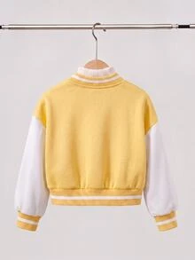 SHEIN Elladie kids 女童春秋嬰兒白色拼接棒球夾克，卡通女孩星星字母印花，羅紋立領，單排扣短版大學棒球夾克 - 黃色 - 查看 3