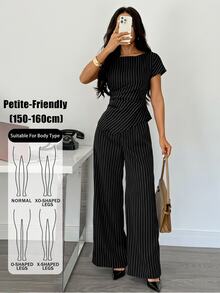 SHEIN PETITE Women's Striped Round Neck Asymmetric Hem Shirt And Wide Leg Pants Set - Black - View 8