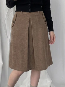 DAZY Rok Wanita Kasual Musim Semi/Gugur Model A-Line Warna Polos Panjang Selutut dengan Lipit dan Kantong, Cocok untuk Liburan Musim Semi/Gugur - Khaki - View 6