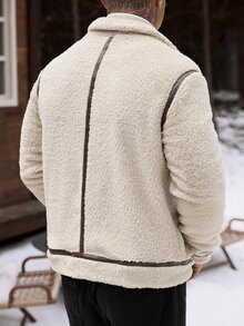 Manfinity CasualCool 男士翻領拉鍊仿羊羔毛短絨毛飛行員夾克 - 卡其色 - 查看 2