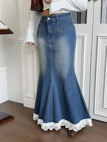 Rivivi Women's Elegant Mermaid Denim Skirt With Contrast Lace Hem - Blue - View 6