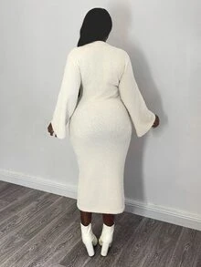Penseblé Women's Round Neck Bell Sleeve Solid Color Sweater Dress - Apricot - View 2