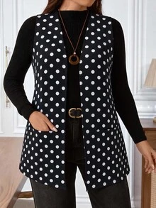 EMERY ROSE Plus Size Women's Polka Dot Pattern Open Front Vest Jacket - Black and White - View 4
