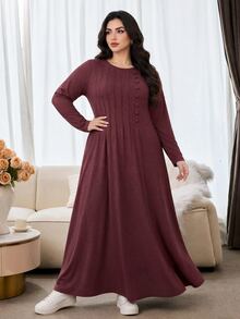 Al Najma Plus Size Women Solid Color Round Neck Long Sleeve Button Design Casual Arabian Dress - Burgundy - View 5