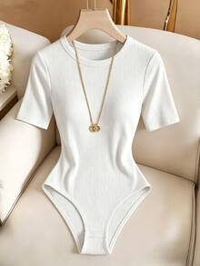 EMERY ROSE Women's Solid Color Round Neck Short Sleeve Casual Bodysuit - White - View 1