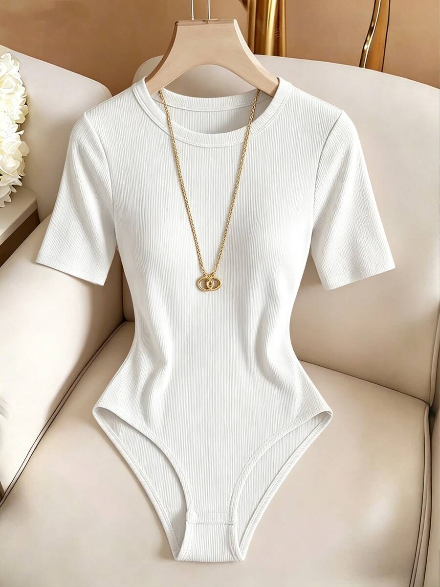 EMERY ROSE Women's Solid Color Round Neck Short Sleeve Casual Bodysuit - White - View 1