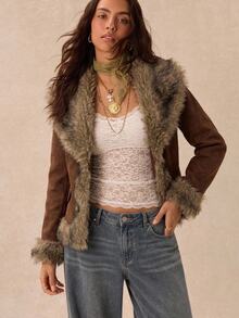 Easelle Women's Autumn/Winter Fashion Retro Fuzzy Patchwork Jacket - Brown - View 6