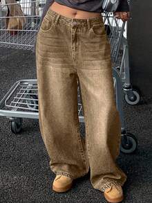 Dazy Plus Vintage Loose Street Style Washed Distressed Brown Straight Leg Jeans, Versatile All Season - Brown - View 2
