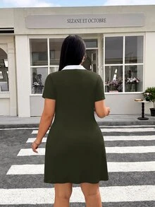Muchica 大尺碼女款拼色休閒日常夏季洋裝 - 軍綠色 - 查看 2