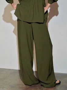 MOTF PREMIUM URBAN LOW WAIST ELASTIC WAIST DRAWSTRING DECOR WIDE LEG LONG PANTS SPRING SUMMER - Olive Green - View 2