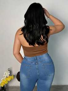 Firerie Plus Size Women's Fashion Versatile Daily Wear Halter Neck Top - Khaki - View 2