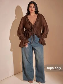 SHEIN BAE 大尺碼女款純色V領休閒百搭日常穿著襯衫 秋季 - 咖啡棕 - 查看 5