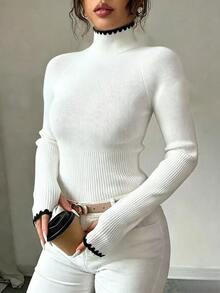 SHEIN PariChic 優雅 Y2K 風蕾絲飾邊女款套頭針織毛衣，適合休閒戶外、通勤、度假與日常穿著 - 白色 - 查看 1