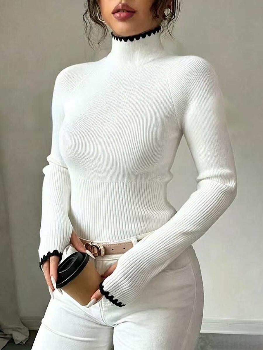 SHEIN PariChic 優雅 Y2K 風蕾絲飾邊女款套頭針織毛衣,適合休閒戶外、通勤、度假與日常穿著 - 白色 - 查看 1
